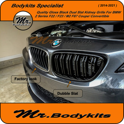 Quality BMW F22/ F23 2 Series / F87 M2 Front Bumper Kidney Grille for 2014-2020, Double Slat Gloss Black
