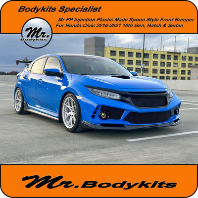 Mr. Spoon Style Full Front Bumper For Honda Civic 2016-2021, 10th Gen Hatch or Sedan