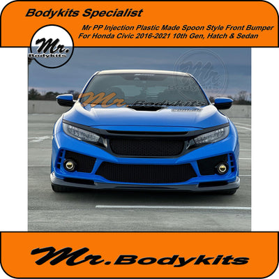 Mr. Spoon Style Full Front Bumper For Honda Civic 2016-2021, 10th Gen Hatch or Sedan