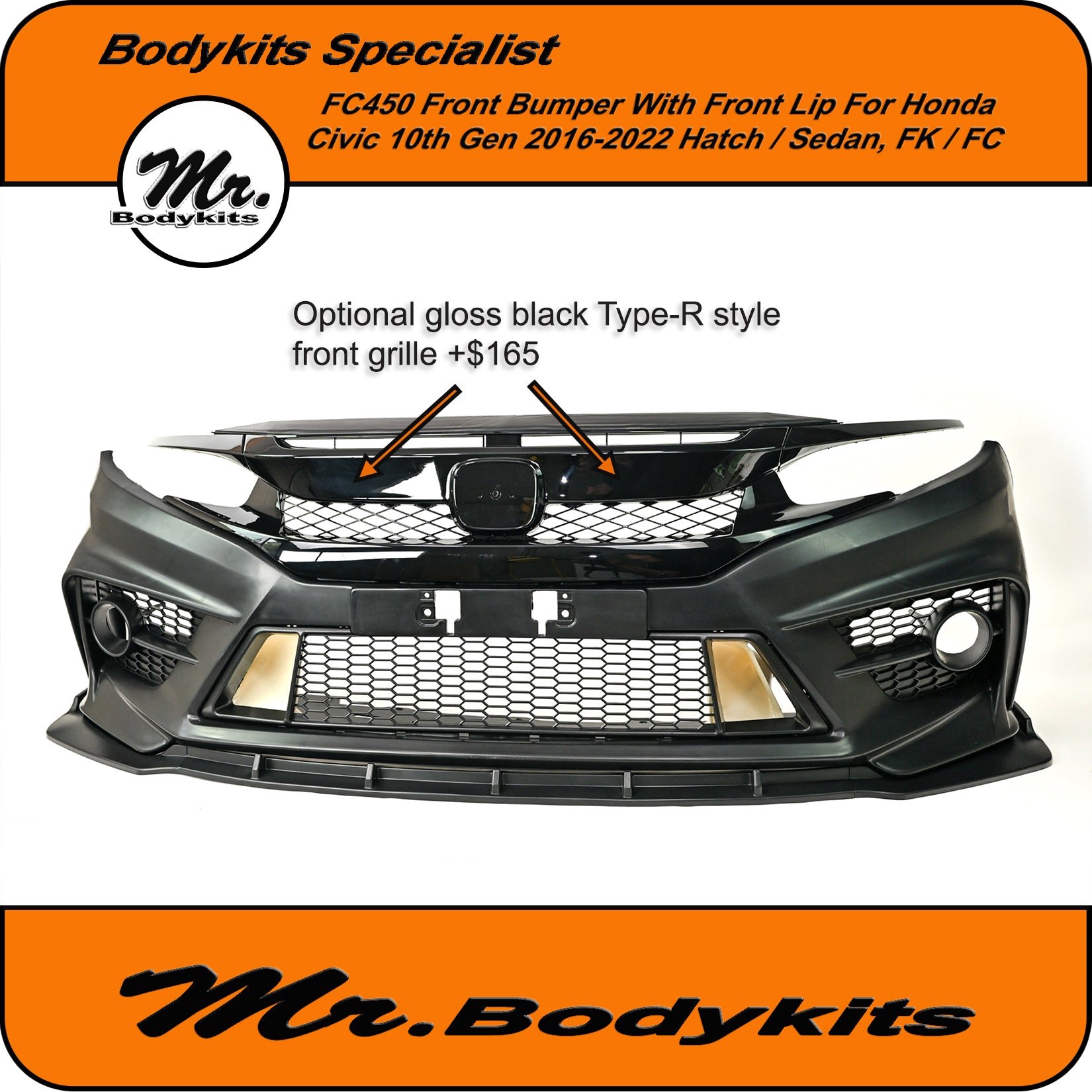 2016 Honda Civic Front Bumper FC450 Full Front Bumper With Front Lip For Honda Civic 2016-2022, 10th