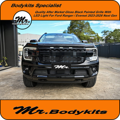 Gloss Black Painted R Style Front Grille with LED Lights For Ford Ranger/ Everest 2022-2025