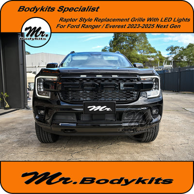 Ford Ranger/Everest 2022-2025 Raptor Style Grille With LED Lights, Gloss Black Painted