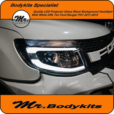 Ford Ranger PX1 2011-2015 Quality LED projector Headlight Gloss Black Background White DRL
