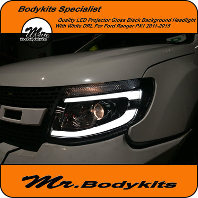 Ford Ranger PX1 2011-2015 Quality LED projector Headlight Gloss Black Background White DRL