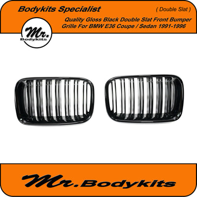 BMW 3 Series E36 1991-1996 (Pre-LCI) Front Bumper Kidney Grille, Double Slat Gloss Black