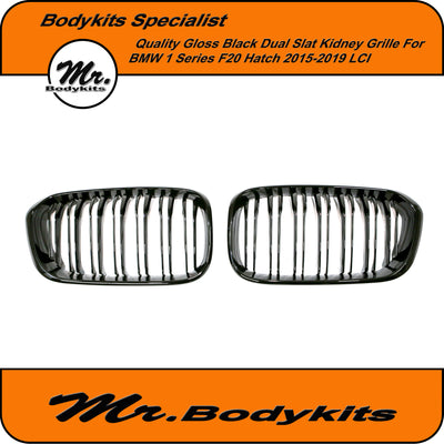 Gloss Black BMW F20 1 Series Hatch Front Bumper Kidney Grille for 2015-2019 LCI, Double Slat