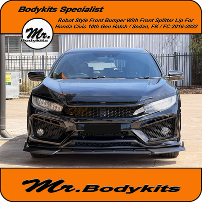 Robot Style Full Front Bumper with Front Lip For Honda Civic 2016-2022 10th Gen Hatch & Sedan