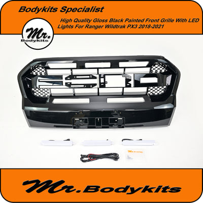 Raptor Style Front Grille with Integrated LED Lights For Ford Ranger Wildtrak PX3 MK3 2018-2021 Gloss Black