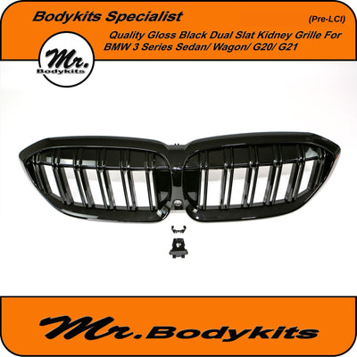 BMW 3 Series 2019-2021 G20/ G21 (Pre-LCI) Front Bumper Kidney Grille, Double Slat Gloss Black Finished