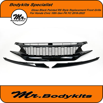 Honda Civic 10th Gen FK/FC 2016-2022 RS Style Front Bumper Grille – Gloss Black Painted