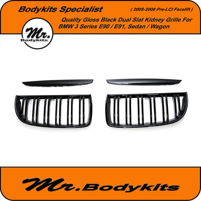 BMW 3 Series E90 Sedan/Wagon 2005-2008 Front Bumper Kidney Grille Pre LCI, Double Slat Gloss Black