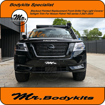 Blackout Black Painted Nissan Y62 Patrol 2020-2025 Front Grille, W/ Optional Foglight Cover & Garnish