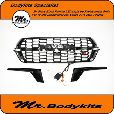 Toyota Landcruiser 200 Series LED Light Up Front Grille 2016-2021 (Facelift), Gloss Black