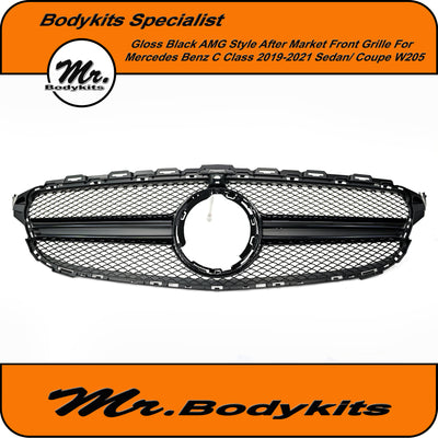 C63 AMG Style Front Bumper Grille For Mercedes Benz W205/C205 C-Class 2019-2021, Gloss Black