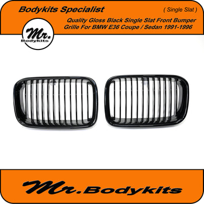 BMW 3 Series E36 1991-1996 (Pre-LCI) Front Bumper Kidney Grille, Single Slat Gloss Black