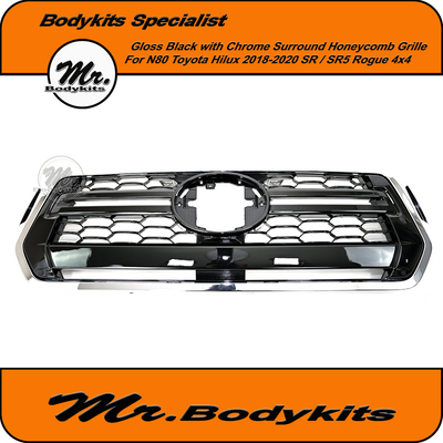 Gloss Black w/ Chrome Surround Honeycomb Front Grille Suitable For Toyota Hilux N80 SR SR5 Rogue 2018-2020