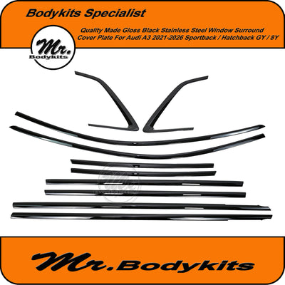 Gloss Black Door Window Door Trim Set For Audi A3 2021-2026 Avant Wagon 8Y / GY, Stainless Steel