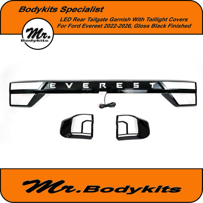 Ford Everest 2022-2026 LED Rear Tailgate Garnish Panel With Taillight Covers, Gloss Black