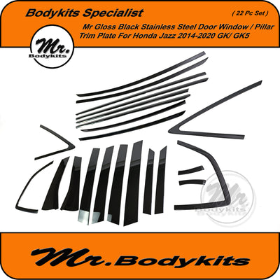 Gloss Black Door Window Door Trim Set For Honda Jazz 2014-2020 GK/ GK5, Stainless Steel
