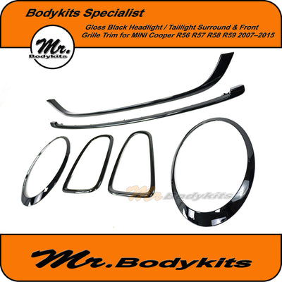 Headlight / Taillight Surround & Front Grille Trim for MINI Cooper R56 R57 R58 R59 2007–2015 Gloss Black