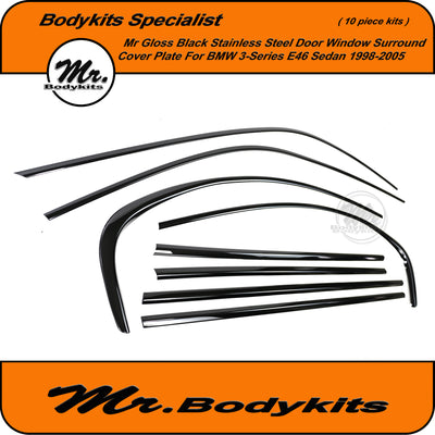 Gloss Black Door Window Door Trim Set For BMW E46 Sedan 1998-2005 3-Series, Stainless Steel (10 PC)