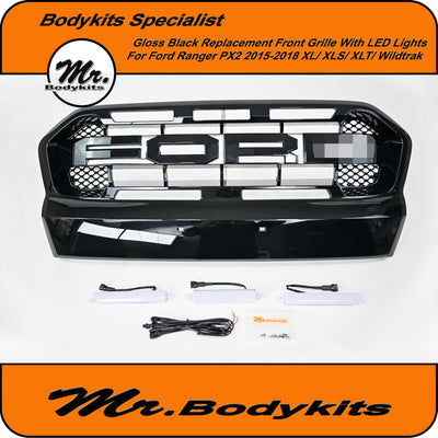 Ford Ranger PX2 MK2 2015-2018 Raptor Style Grille With LED Lights, Gloss Black Painted