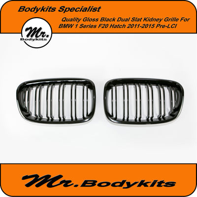 Gloss Black BMW F20 1 Series Hatch Front Bumper Kidney Grille for 2011-2015 Pre-LCI, Double Slat