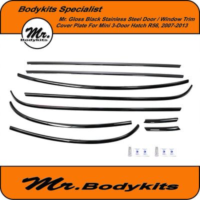 Gloss Black Door Window Door Trim Set For Mini 3 Door Hatch R56 2007-2013, Stainless Steel