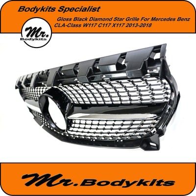 Mercedes Benz CLA C117 W117 2013-2018 Diamond Star Style Front Bumper Grille, Gloss Black