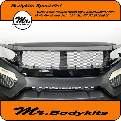 Honda Civic 10th Gen FK/FC 2016-2022 Robot Style Front Bumper Grille – Gloss Black Painted