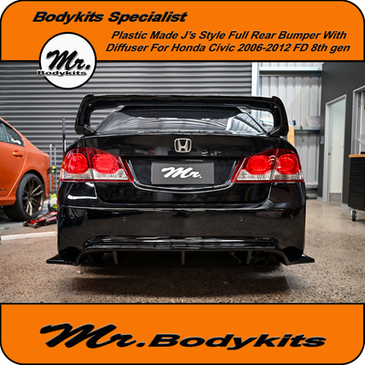 J'S Style Plastic Full Rear Bumper With Diffuser For Honda Civic FD 2006-2012 Sedan 8th gen