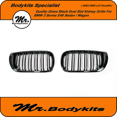 Front Bumper Kidney Grille For BMW 3 Series E46 LCI Sedan / Wagon 2002-2005 Double Slat Gloss Black