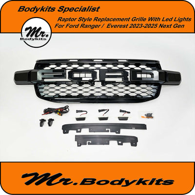 Ford Ranger/Everest 2022-2025 Raptor Style Grille With LED Lights, Gloss Black Painted