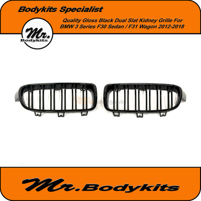 Front Bumper Kidney Grille For BMW 3 Series F30 Sedan / F31 Wagon 2012-2019, Double Slat Gloss Black