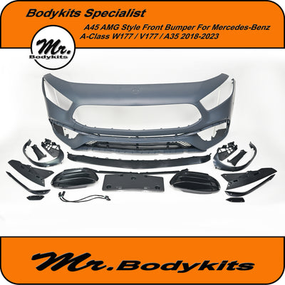 Mercedes Benz A Class W177 AMG A45 Style Front Bumper With Canard 2018-2023.