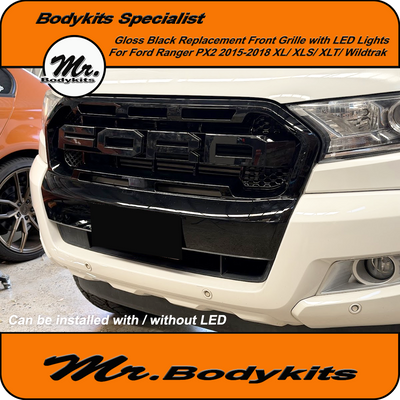 Ford Ranger PX2 MK2 2015-2018 Raptor Style Grille With LED Lights, Gloss Black Painted