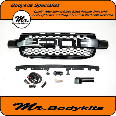 Gloss Black Painted R Style Front Grille with LED Lights For Ford Ranger/ Everest 2022-2025