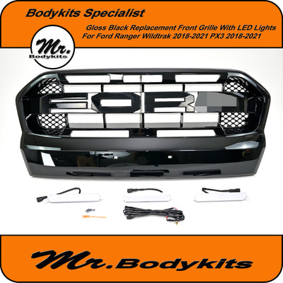 Ford Ranger Wildtrak PX3 MK3 2018-2021 Raptor Style Grille With LED Lights, Gloss Black Painted