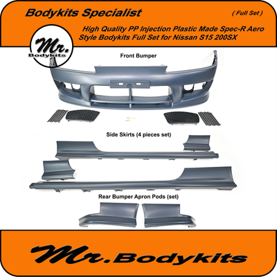 Spec-R Aero Style Plastic Bodykit For Nissan S15 200SX - Front Bumper, Side Skirts & Rear Apron Pods Full Set