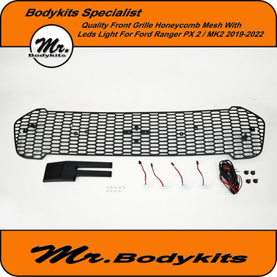 Honeycomb Mesh Front Grille With LED Lights For Ford Ranger PX2 MK2 2015-2019, Mr Bodykits