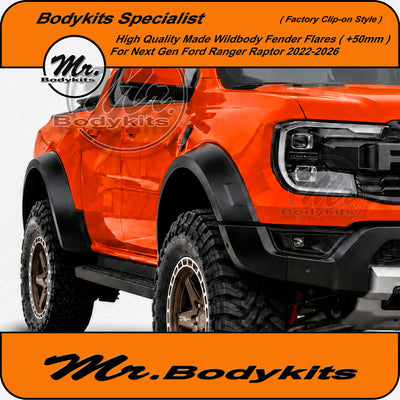 High Quality Fender Flares +50mm For Ford Ranger Raptor Next-Gen 2022-2026, Clip-on Style