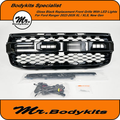 Ford Ranger XL / XLS 2022-2026 Raptor Style Replacement Front Grille with LED lights, Gloss Black