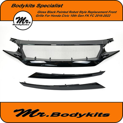 Honda Civic 10th Gen FK/FC 2016-2022 Robot Style Front Bumper Grille – Gloss Black Painted