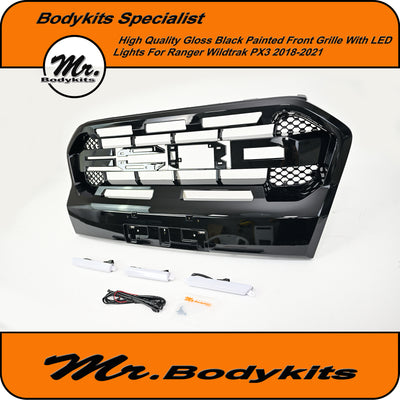 Raptor Style Front Grille with Integrated LED Lights For Ford Ranger Wildtrak PX3 MK3 2018-2021 Gloss Black