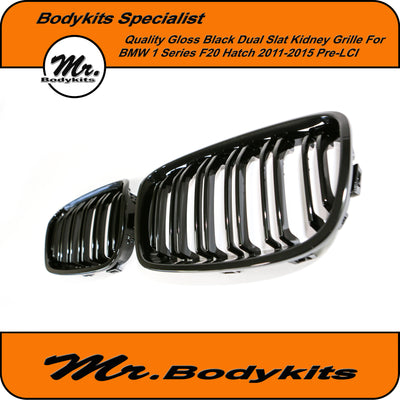 Gloss Black BMW F20 1 Series Hatch Front Bumper Kidney Grille for 2011-2015 Pre-LCI, Double Slat