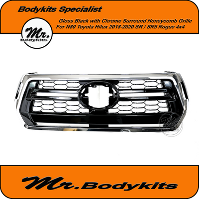 Gloss Black w/ Chrome Surround Honeycomb Front Grille Suitable For Toyota Hilux N80 SR SR5 Rogue 2018-2020