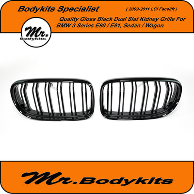 BMW 3 Series E90 Sedan/Wagon 2009-2011 LCI Front Bumper Kidney Grille, Double Slat Gloss Black