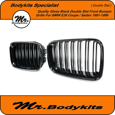 BMW 3 Series E36 1991-1996 (Pre-LCI) Front Bumper Kidney Grille, Double Slat Gloss Black