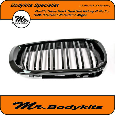 Front Bumper Kidney Grille For BMW 3 Series E46 LCI Sedan / Wagon 2002-2005 Double Slat Gloss Black