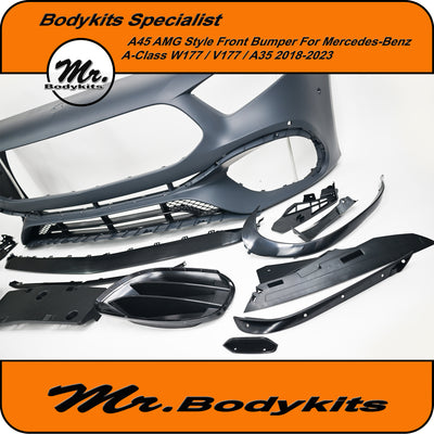 Mercedes Benz A Class W177 AMG A45 Style Front Bumper With Canard 2018-2023.